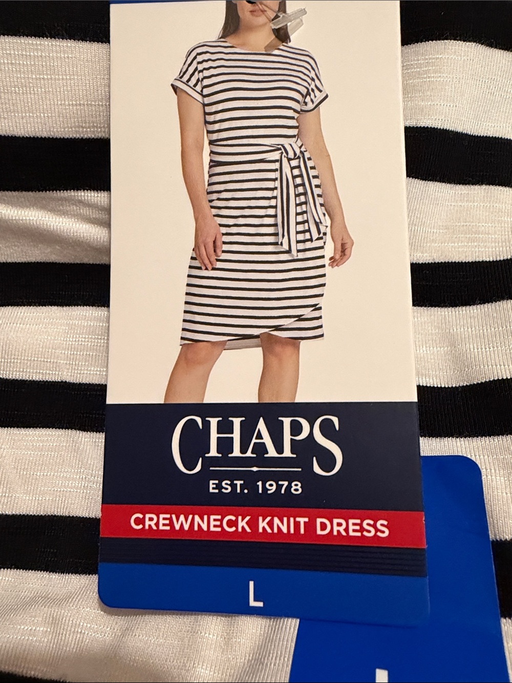 Chaps Black & White Striped Crewneck Knit Dress with Faux Wrap Tie Belt